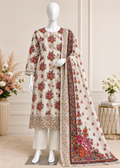 A three-piece women's traditional outfit displayed on a white mannequin, featuring a beige kurta with red and orange floral embroidery, matching beige trousers, and a coordinating dupatta with a detailed multicolor border.