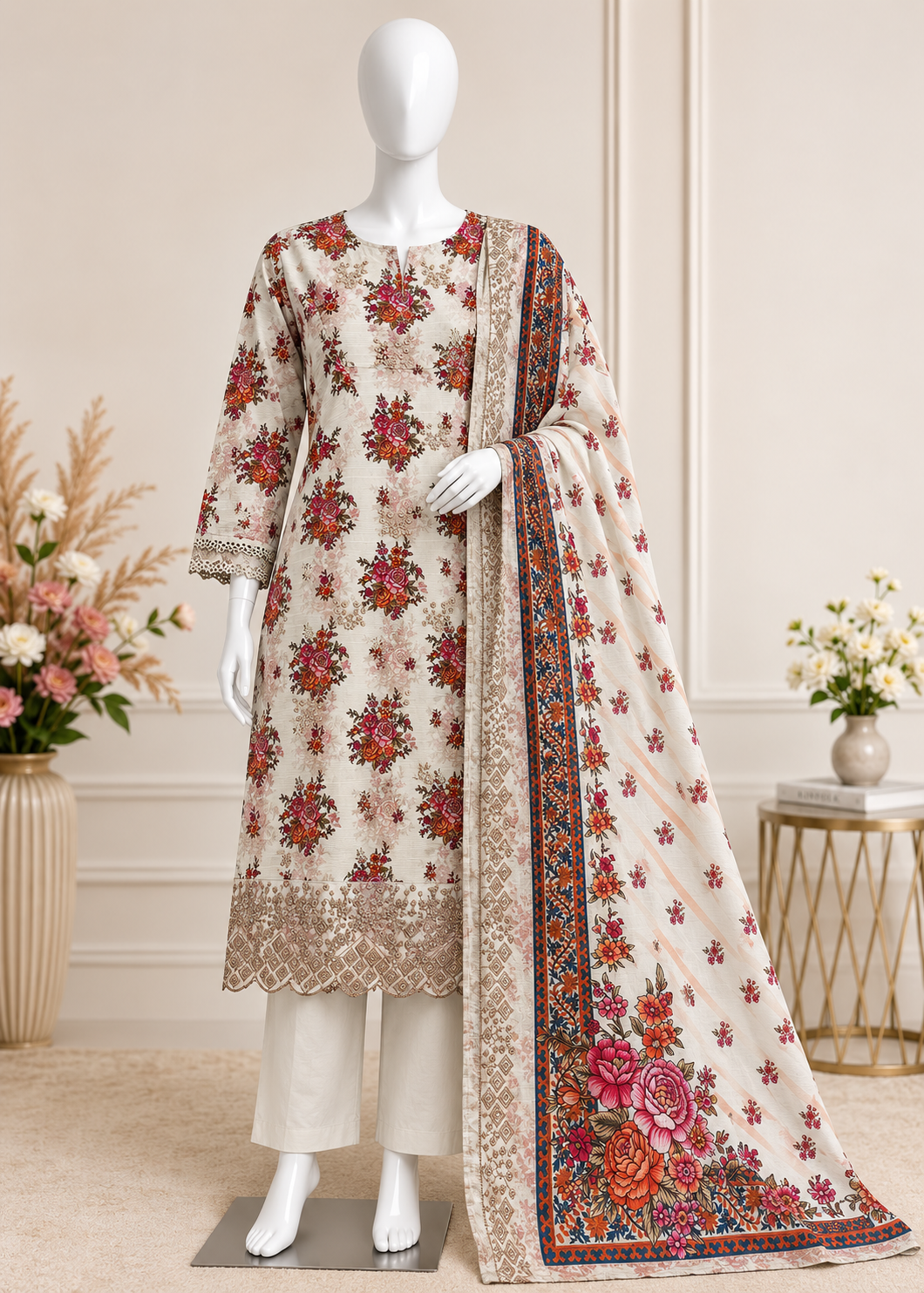 A three-piece women's traditional outfit displayed on a white mannequin, featuring a beige kurta with red and orange floral embroidery, matching beige trousers, and a coordinating dupatta with a detailed multicolor border.