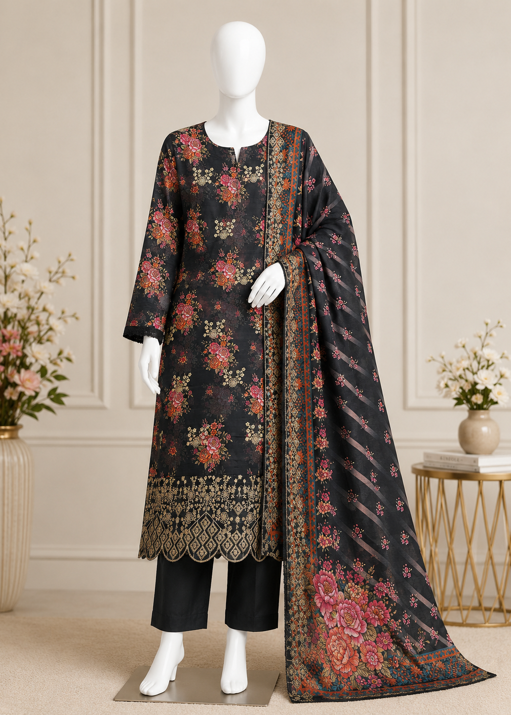 A three-piece women's salwar kameez suit set displayed on a white mannequin. The set includes a black cotton kurta with intricate multicolor floral embroidery and a scalloped gold border, black trousers, and a matching black dupatta with a detailed floral and geometric border.