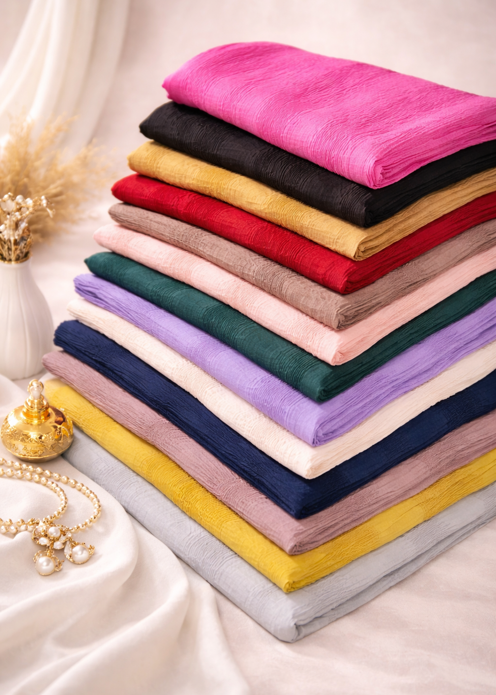 Stack of folded fabric in various colors on a white surface.