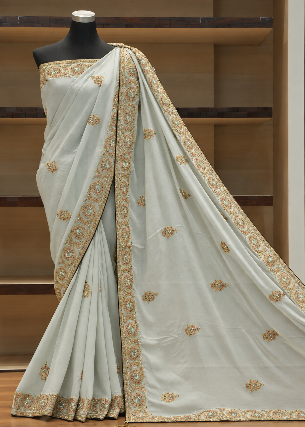 A light sage green saree with intricate gold and silver embroidery, displayed on a black mannequin torso against a wooden shelving background.