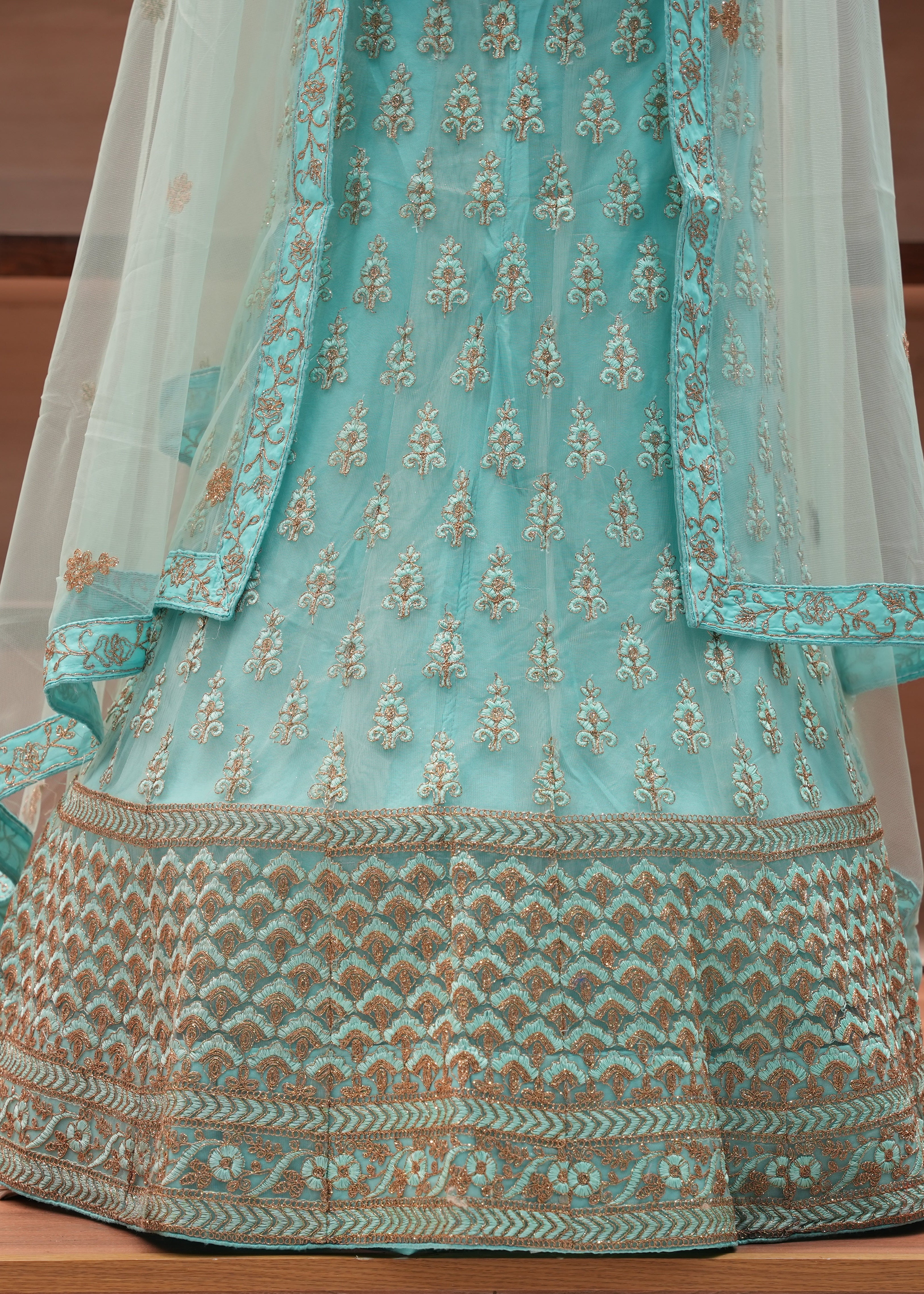 Light blue embroidered traditional outfit with a sheer dupatta on a wooden surface.