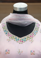 Pink embroidered blouse on a mannequin with a blurred background