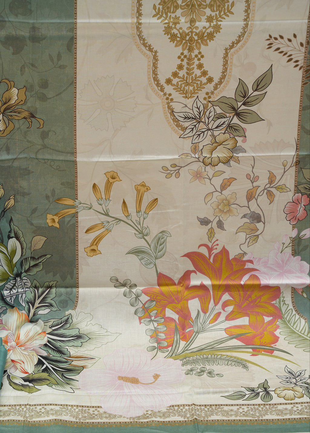 Decorative fabric with floral patterns in various colors on a checkered background