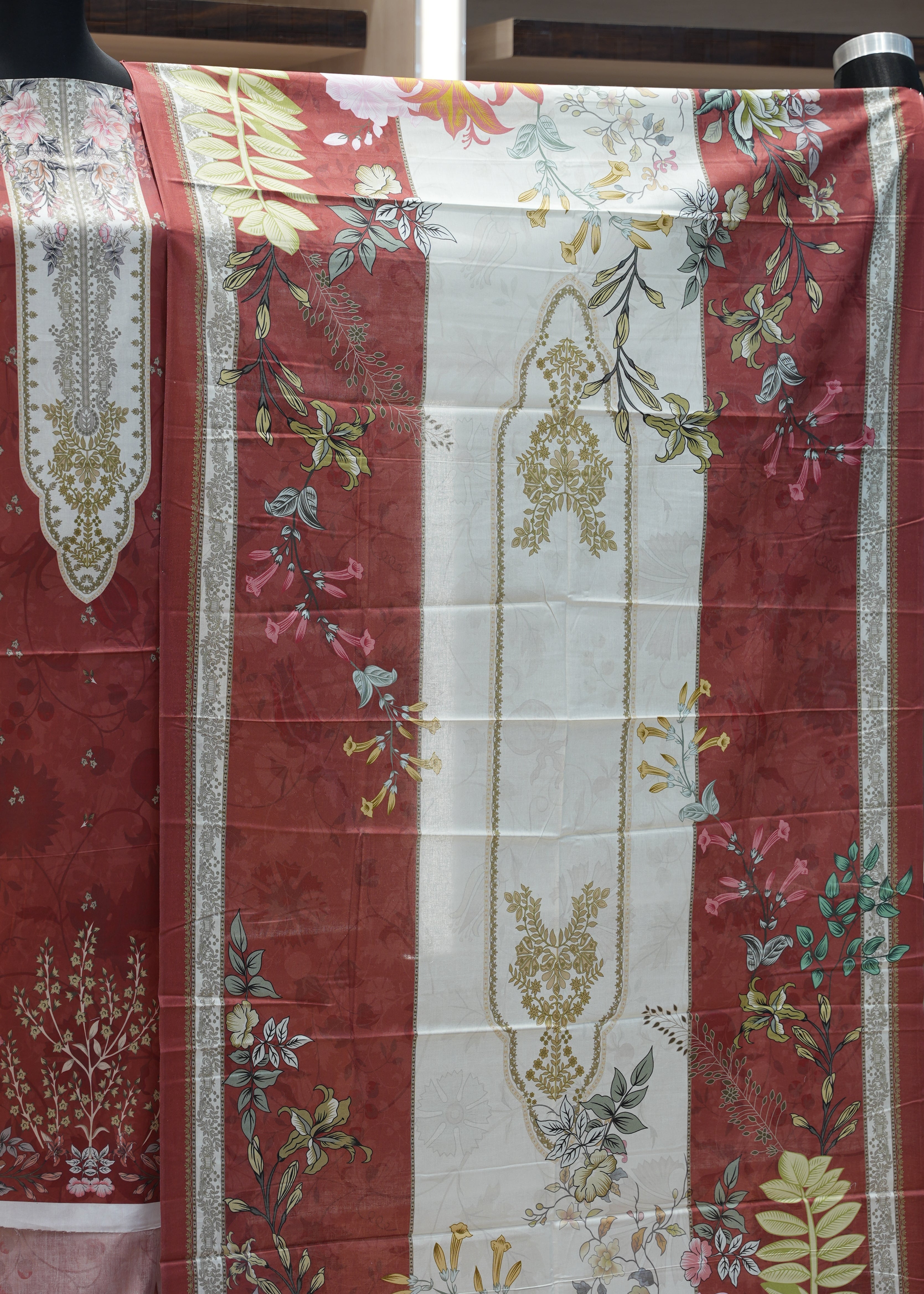 Floral-patterned tablecloth on a wooden chair
