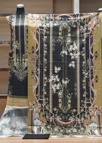 Decorative tablecloth with intricate floral and geometric pattern on a wooden surface.