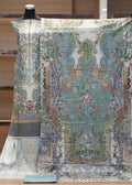 Decorative fabric with floral patterns draped over a mannequin against a wooden shelf background.