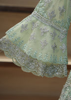Close-up of a light green embroidered fabric with silver detailing