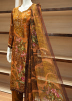 Decorative table runner with floral pattern on a wooden table
