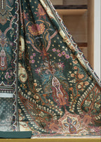 Decorative fabric with intricate patterns on a wooden surface