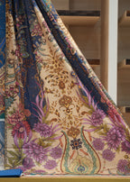 Decorative fabric with floral patterns on a wooden surface