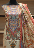Decorative fabric with intricate patterns on a mannequin against a neutral background