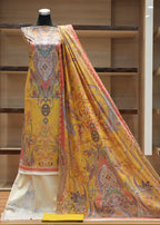 Colorful traditional outfit on a mannequin with a wooden shelf background