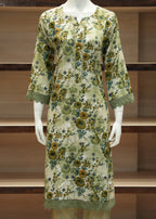 Floral dress on a mannequin against a wooden shelf background