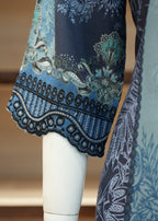 Close-up of a blue and white patterned garment on a mannequin.