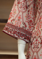 Mannequin wearing a floral patterned garment with red and brown details.