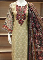 Traditional embroidered outfit with a patterned shawl on a mannequin against a neutral background