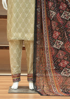 Traditional outfit with a patterned dupatta on a wooden floor