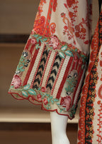 Decorative fabric with intricate patterns on a mannequin against a neutral background