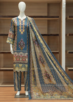 Mannequin wearing a colorful patterned dress with a wooden shelf background
