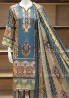 Colorful embroidered traditional outfit on a mannequin against a wooden shelf background