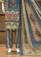 Traditional embroidered outfit on a mannequin with a wooden shelf background