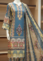 Colorful embroidered traditional outfit on a mannequin with a wooden shelf background