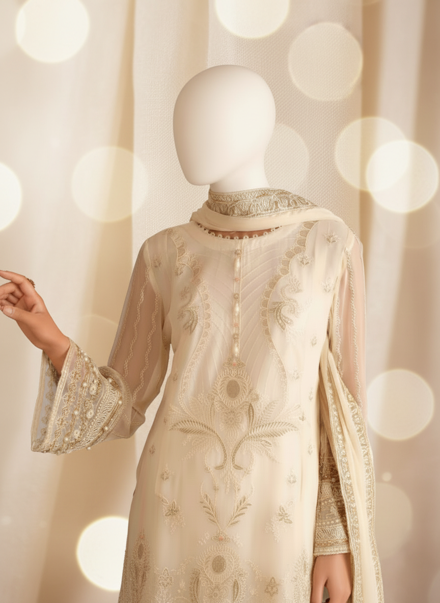 Woman in a cream embroidered outfit adjusting a floral curtain.