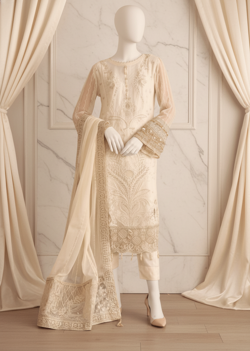 Woman in a white traditional outfit with floral decorations in a room setting.