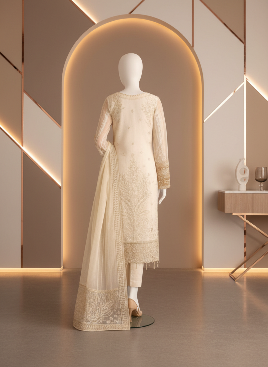 Woman wearing a cream-colored embroidered outfit in a decorated room with furniture and decor.