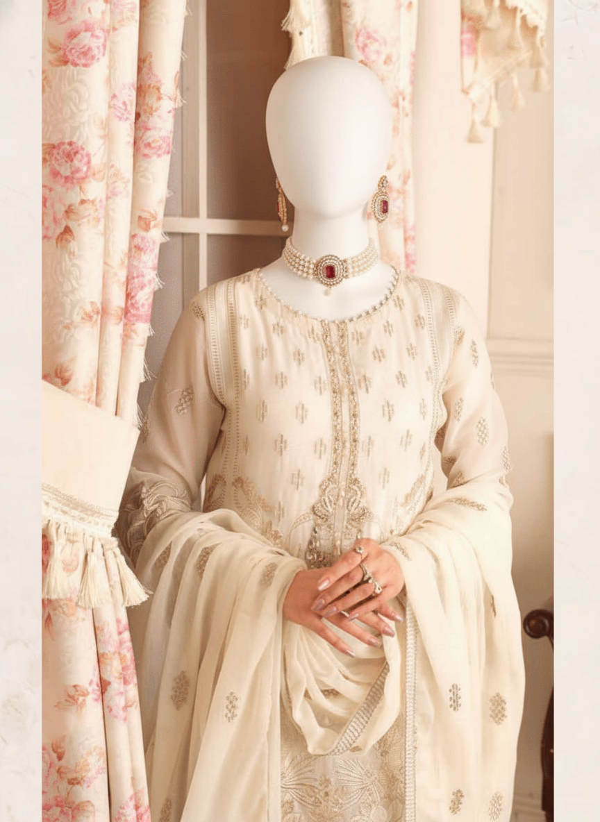 Woman in a white traditional outfit sitting in a decorated room with floral curtains.