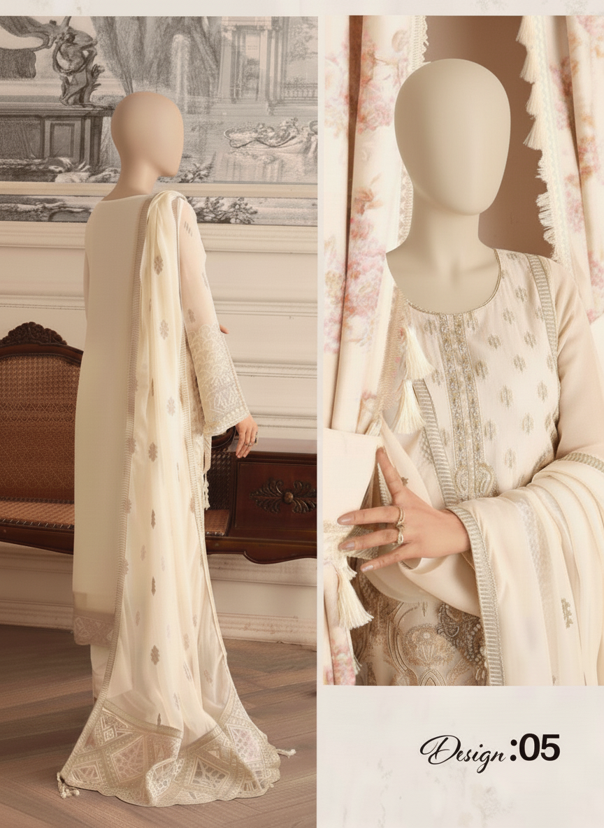 Woman in a white traditional outfit with intricate patterns in a classical room setting.