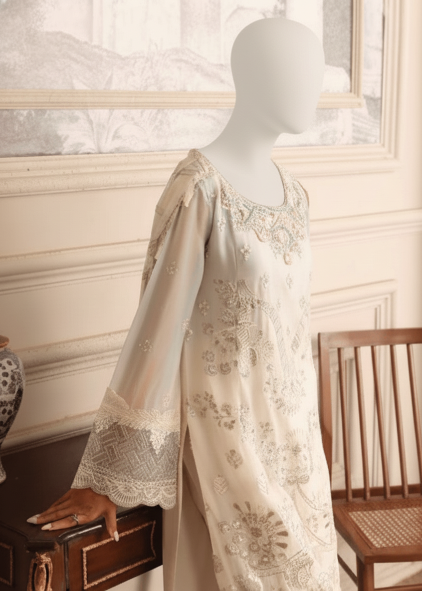 Woman in a light-colored traditional outfit standing in a room with wooden furniture and decorative elements.