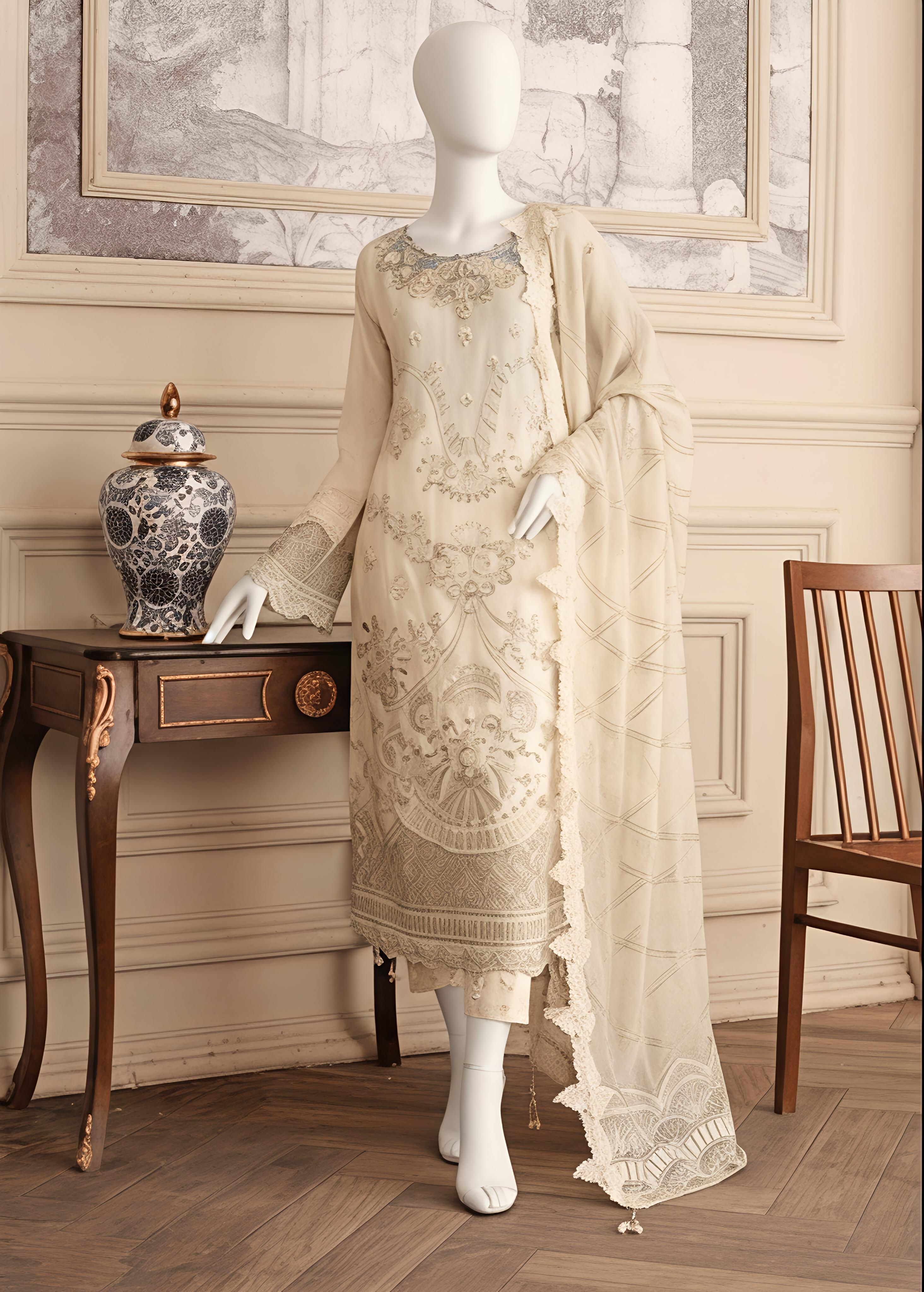 Woman in a light-colored traditional outfit standing in a room with decor elements.