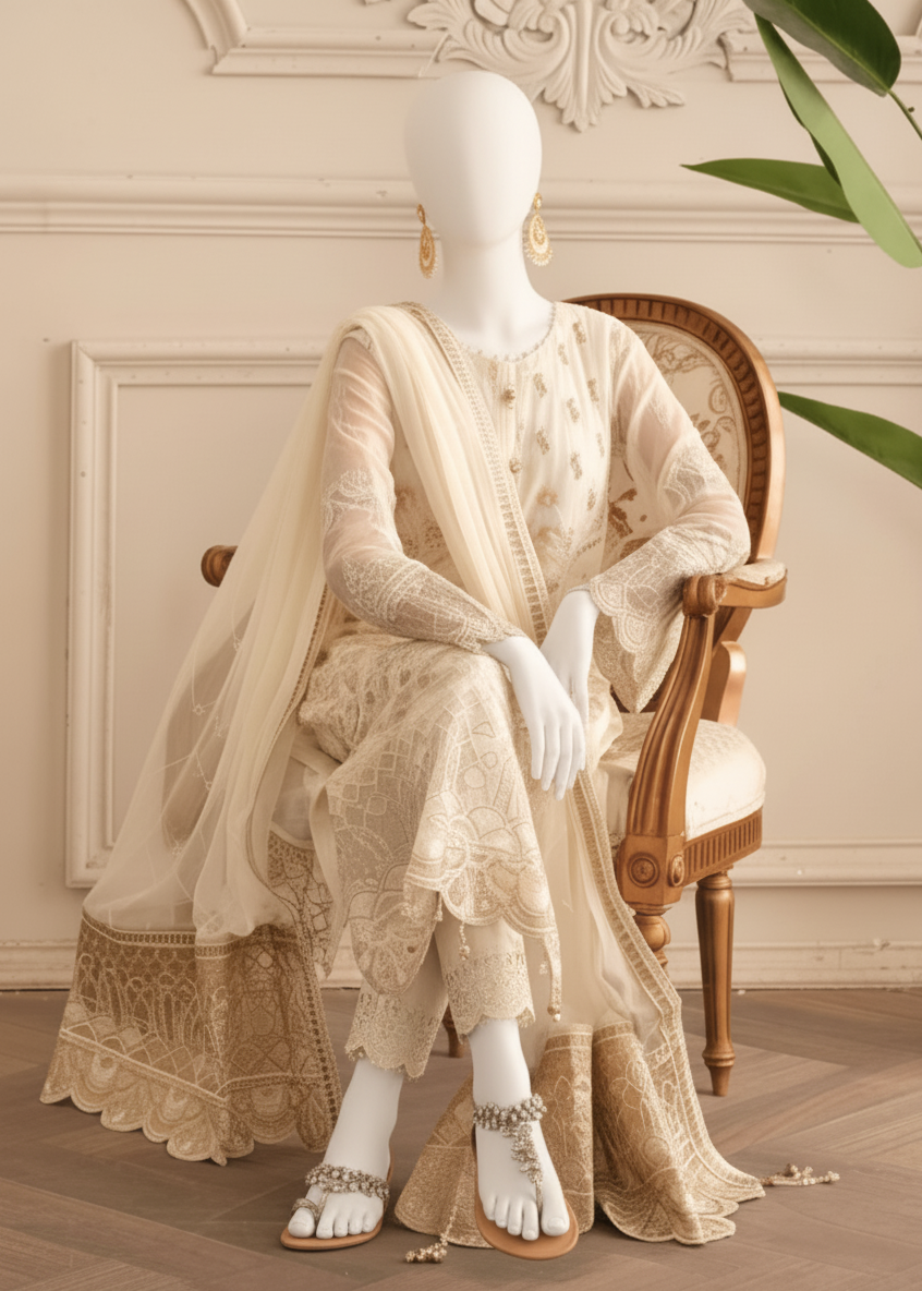 Woman in a cream embroidered outfit in an elegant room.