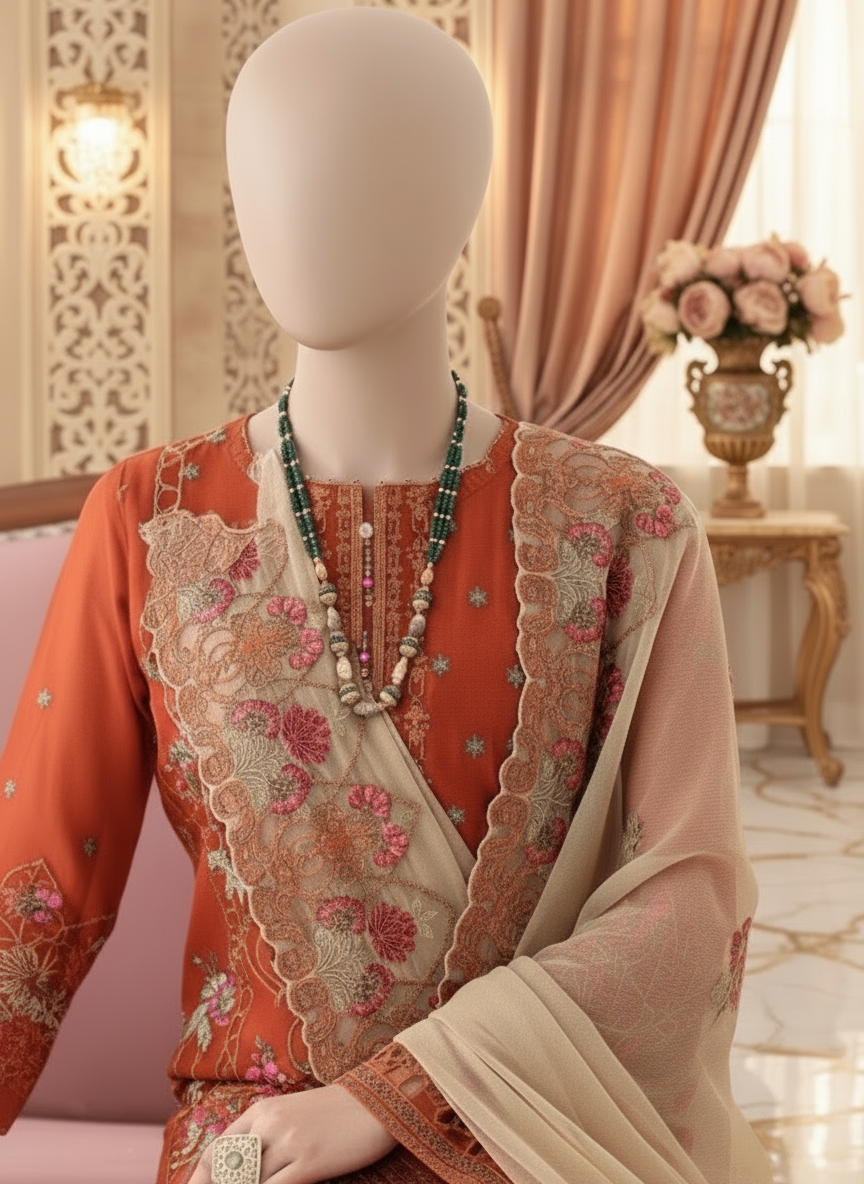 Traditional outfit with intricate patterns on a mannequin against a decorative background.