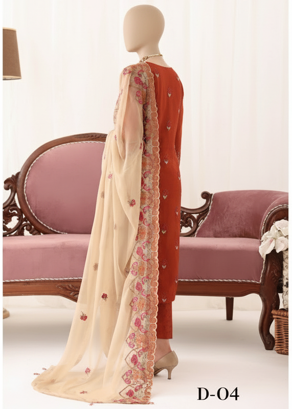 Mannequin wearing a traditional outfit with a floral dupatta in a decorative setting.