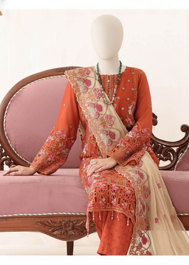 Mannequin wearing an orange and beige embroidered traditional outfit on a pink sofa.
