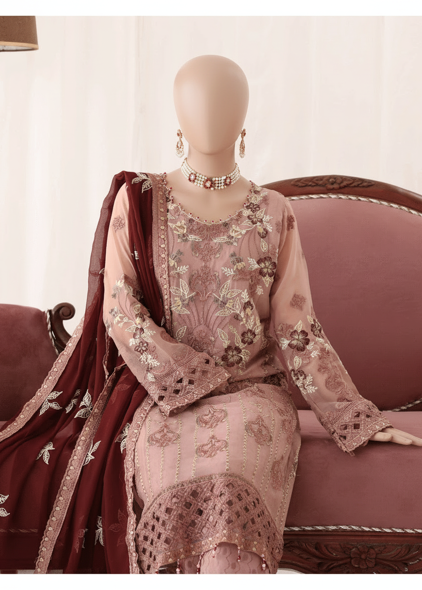 Woman in a traditional outfit with intricate designs sitting on a couch.