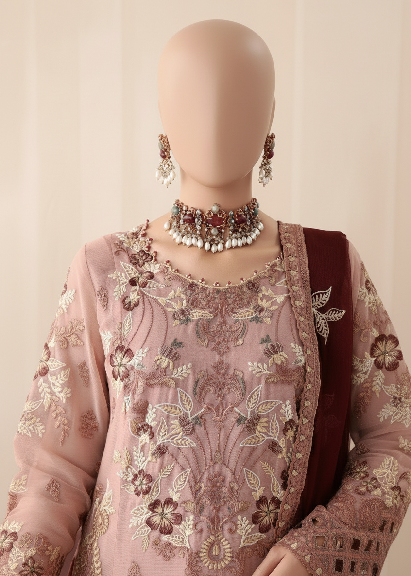 Woman in a traditional outfit with intricate designs sitting on a couch.
