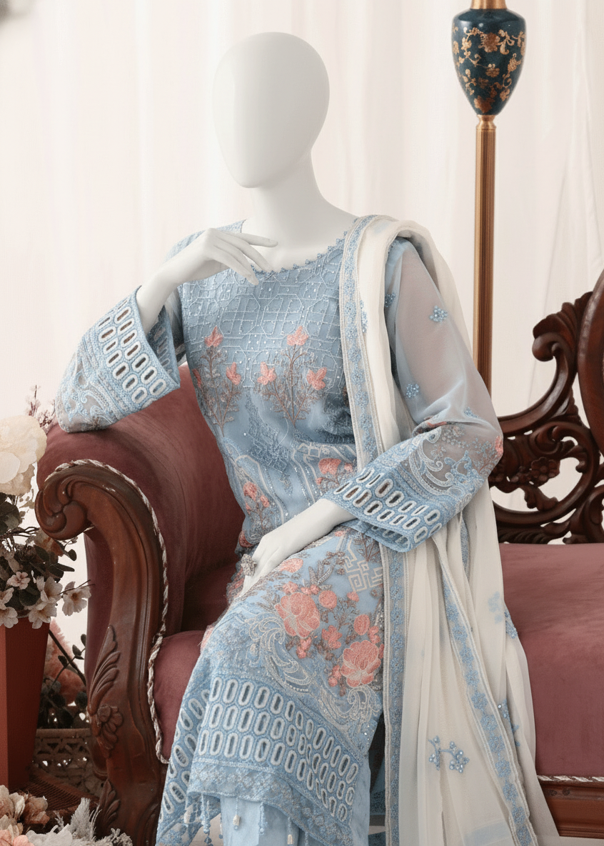 Woman in a light blue embroidered outfit sitting on an ornate couch with text 'Explore the Magic of Love'.