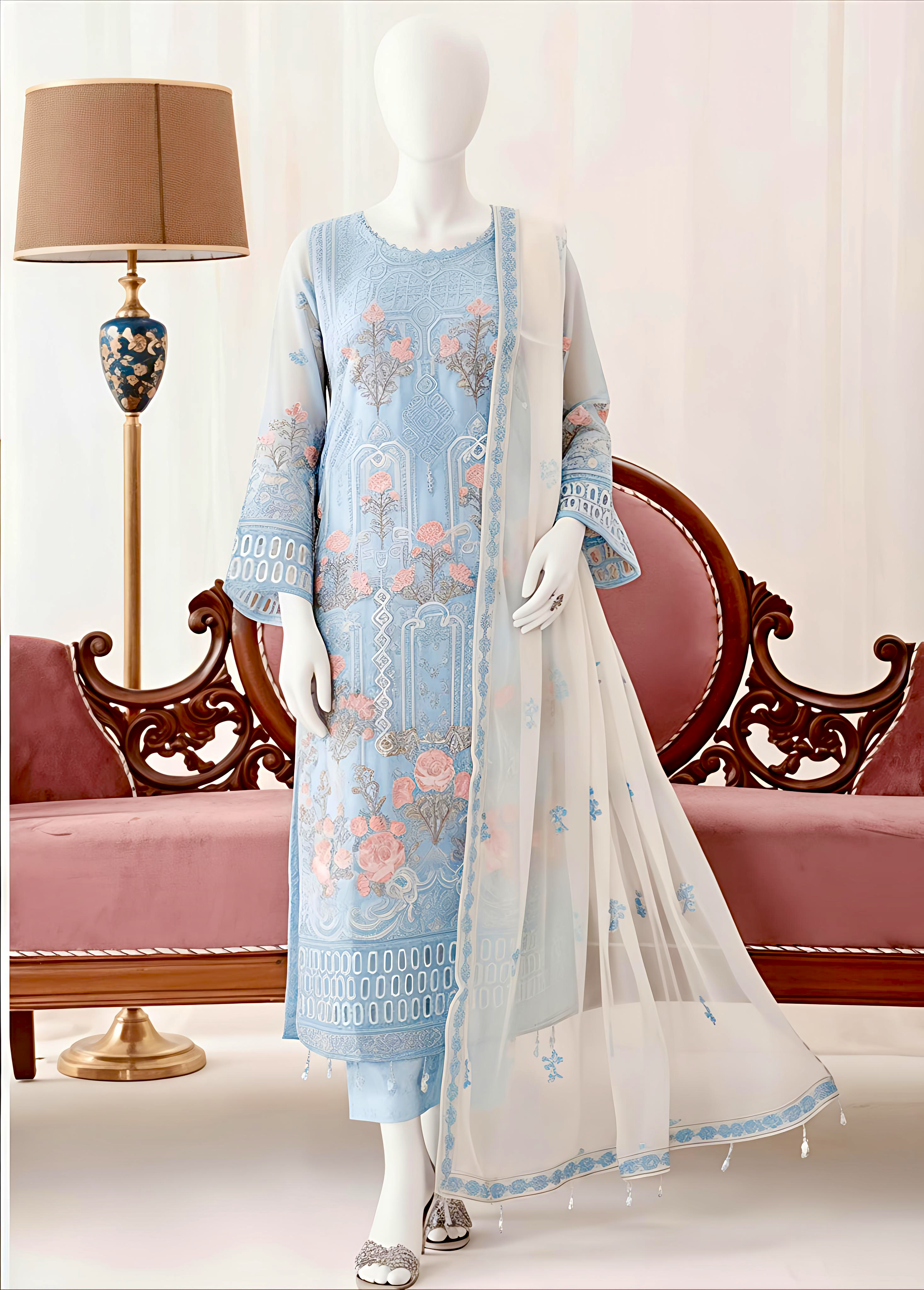 Woman wearing a light blue embroidered outfit with a white dupatta in a decorated room.