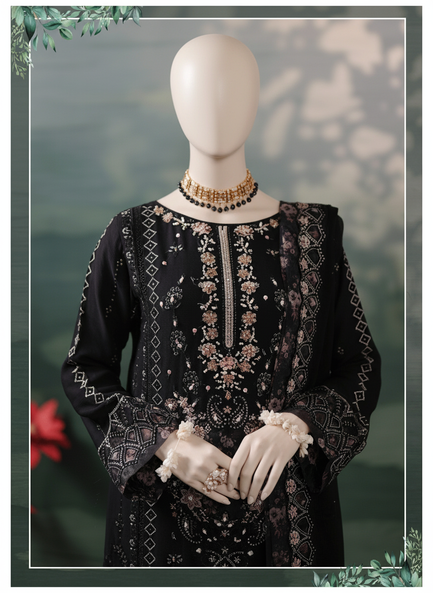 Woman wearing an embroidered black outfit with floral patterns against a blurred natural background