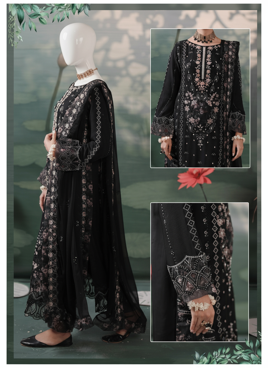 Woman wearing a black embroidered outfit with close-up details on a green floral background