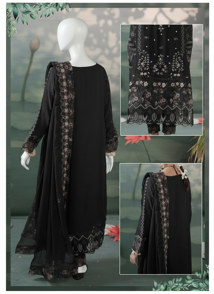 Black traditional outfit with floral embroidery, displayed against a natural background.