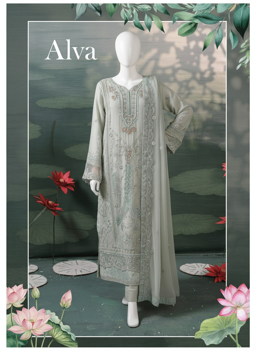 Woman wearing a light gray embroidered dress with 'Alva' branding, standing against a decorative background with flowers and leaves.