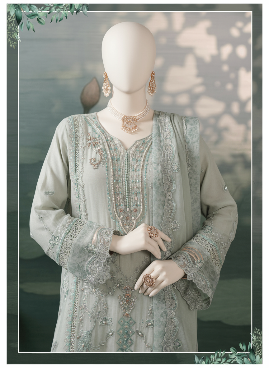 Woman wearing a light gray embroidered traditional outfit with jewelry against a natural background