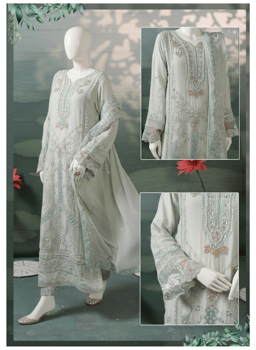 Woman wearing a light gray embroidered traditional outfit with close-up details on a neutral background.