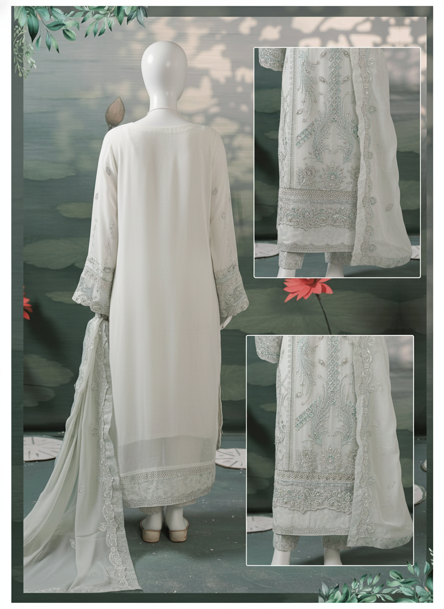 Woman wearing a light gray traditional outfit with intricate designs, standing against a natural background.