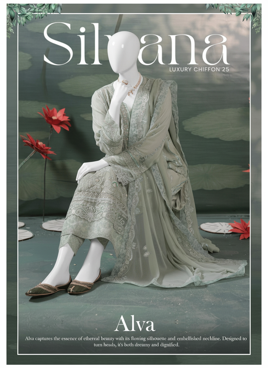 Woman in a light gray dress sitting on a decorative surface with 'Silvana' branding.